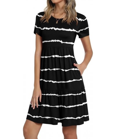 Women's Short Sleeve T-Shirt Dresses Casual Ruffle Swing Dress with Pockets 02 Stripe Black $21.59 Dresses