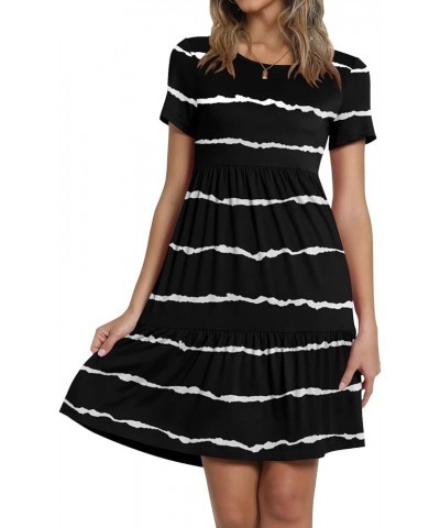 Women's Short Sleeve T-Shirt Dresses Casual Ruffle Swing Dress with Pockets 02 Stripe Black $21.59 Dresses