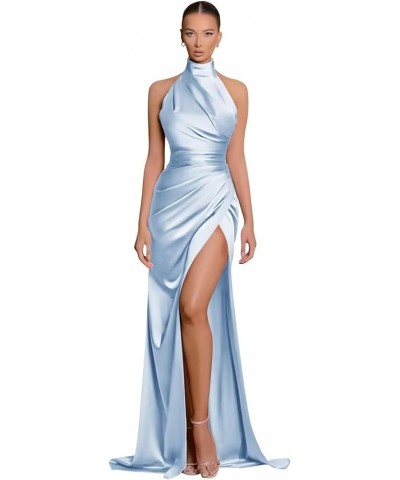 2023 Women's Halter Mermaid Prom Dresses with Slit Long Ruched Satin Bridesmaid Wedding Guests Dresses. Light Blue $32.99 Dre...