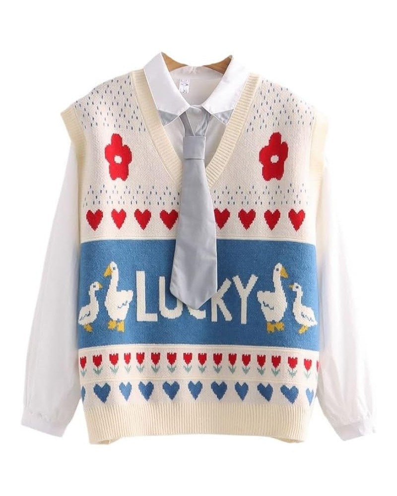 Women's Kawaii Sleeveless Sweater Vest V Neck Heart Print Knitted Sweater Gilet Blue $15.11 Sweaters