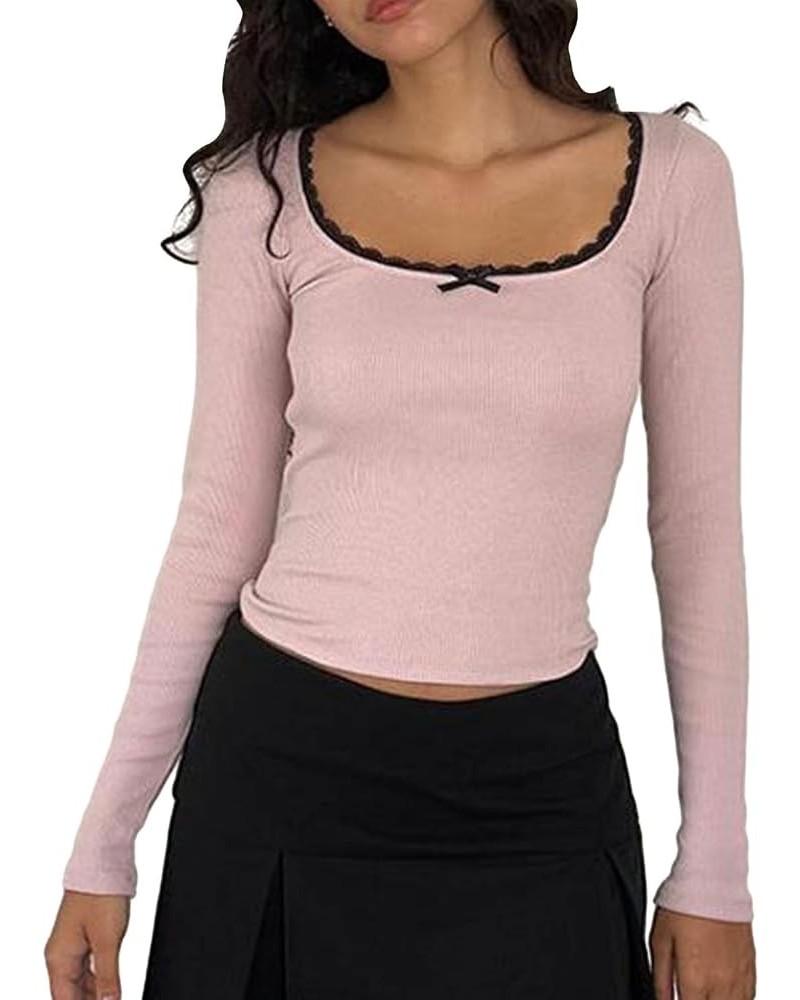 Lace Trim Long Sleeve Tops Women Skinny Casual Basic Fitted Tees Strech Solid Tunics Y2k Going Out Fall Shirt A-black Pink $6...