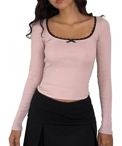 Lace Trim Long Sleeve Tops Women Skinny Casual Basic Fitted Tees Strech Solid Tunics Y2k Going Out Fall Shirt A-black Pink $6...