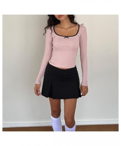 Lace Trim Long Sleeve Tops Women Skinny Casual Basic Fitted Tees Strech Solid Tunics Y2k Going Out Fall Shirt A-black Pink $6...