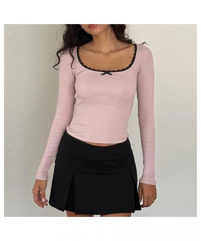 Lace Trim Long Sleeve Tops Women Skinny Casual Basic Fitted Tees Strech Solid Tunics Y2k Going Out Fall Shirt A-black Pink $6...