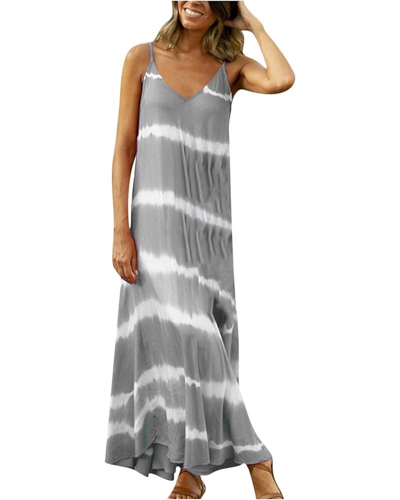 Women Spaghetti Strap Casual Maxi Dresses Sleeveless Cami Dress Plus Size Flowy Holiday Vacation V Neck Dresses B-gray $8.69 ...