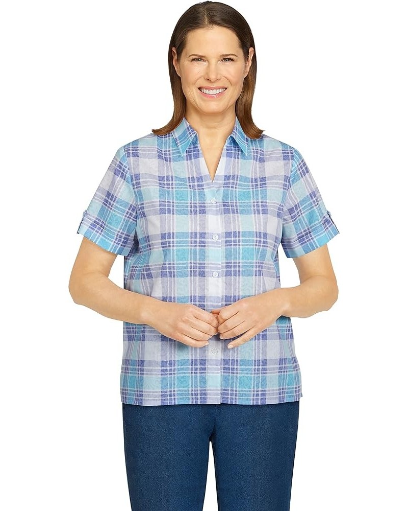 Womens Plus-Size Watercolor Plaid Print Burnout Shirt Aqua $17.48 Blouses