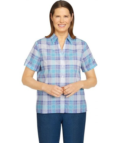 Womens Plus-Size Watercolor Plaid Print Burnout Shirt Aqua $17.48 Blouses