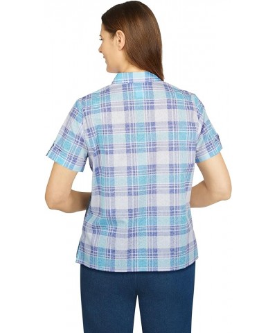 Womens Plus-Size Watercolor Plaid Print Burnout Shirt Aqua $17.48 Blouses