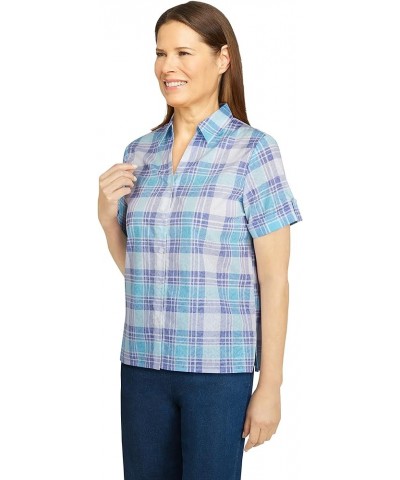 Womens Plus-Size Watercolor Plaid Print Burnout Shirt Aqua $17.48 Blouses