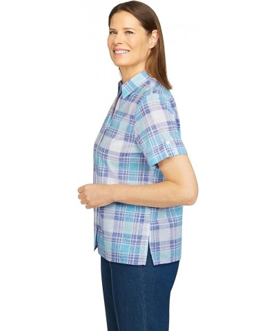 Womens Plus-Size Watercolor Plaid Print Burnout Shirt Aqua $17.48 Blouses