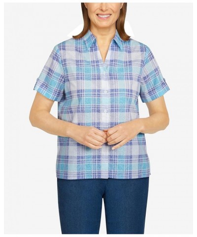 Womens Plus-Size Watercolor Plaid Print Burnout Shirt Aqua $17.48 Blouses