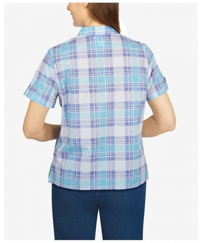 Womens Plus-Size Watercolor Plaid Print Burnout Shirt Aqua $17.48 Blouses