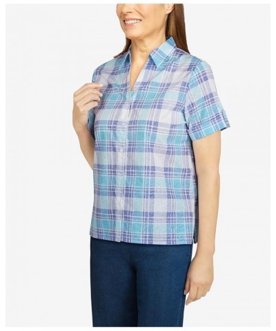 Womens Plus-Size Watercolor Plaid Print Burnout Shirt Aqua $17.48 Blouses