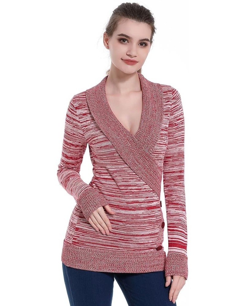 Women V Neck Faux Wrap Long Sleeve Marled Tunic Sweater Heather Red $22.94 Sweaters