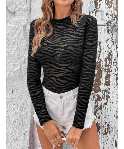 Women's Glitter Sheer Mesh See Through Long Sleeve High Neck Bodysuit Shirt Top B Black $13.50 Lingerie