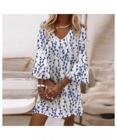 Summer Dress for Womens 2023 Sweet & Cute V-Neck Bell Sleeve Vacation Mini Dress Loose 3/4 Sleeve Floral Swing Dress… 01blue ...