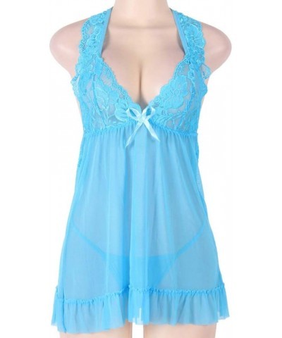 Tie Back Lingerie Women's Plus Size Sexy Lace Babydoll Sleepwear Chemise Mesh Sheer Nightgown See Through Pajamas Blue $5.79 ...