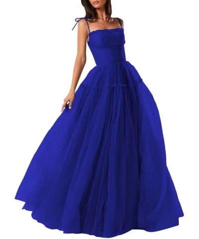 2024 Tulle Prom Dresses for Women Spaghetti Straps Ball Gown Cowl Neck Long Formal Evening Party Gowns Royal Blue $30.55 Dresses