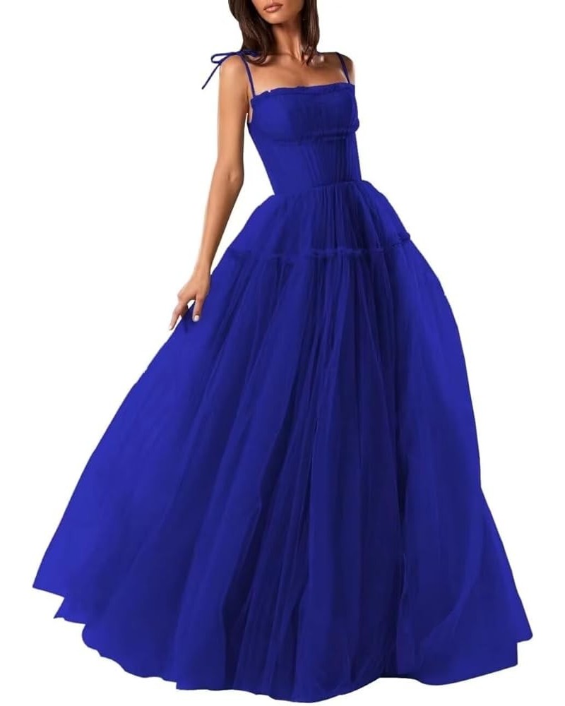 2024 Tulle Prom Dresses for Women Spaghetti Straps Ball Gown Cowl Neck Long Formal Evening Party Gowns Royal Blue $30.55 Dresses