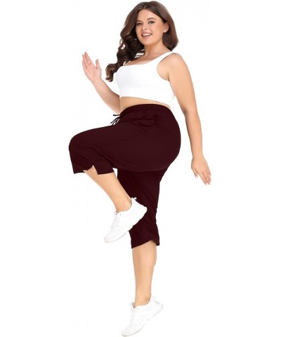 Plus Size Capri Pants for Women Loose Fit Yoga Pants with Pockets Workout Activewear Sweatpants Wine Red $12.50 Pants