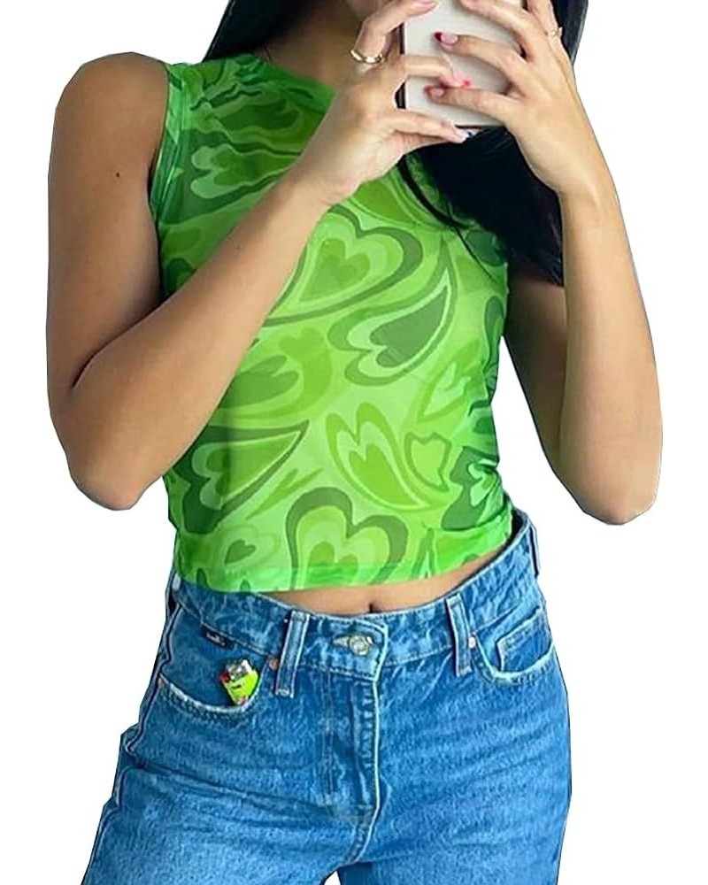 Y2k Mesh Crop top for Women Sexy See Through Heart Wave Print Cute Summer Tanks Green $8.99 Tanks