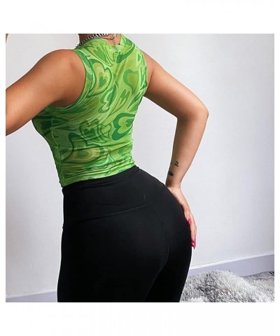 Y2k Mesh Crop top for Women Sexy See Through Heart Wave Print Cute Summer Tanks Green $8.99 Tanks