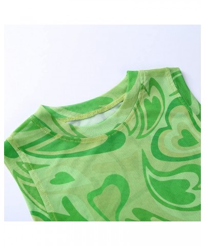 Y2k Mesh Crop top for Women Sexy See Through Heart Wave Print Cute Summer Tanks Green $8.99 Tanks