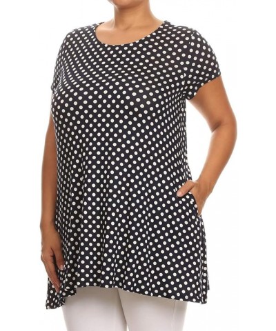 Women's Plus Size Side Pockets Polka Dot Short Sleeves Relaxed Tunic Tee Top Made in USA Mte00740 Small Polka Navy $12.21 Tops