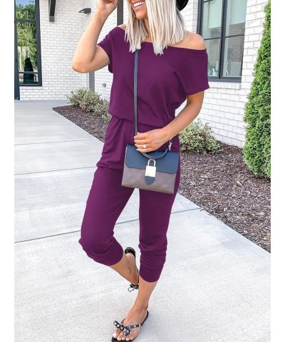 Women's Loose Summer Casual Off Shoulder Elastic Waist Stretchy Long Romper Jumpsuit 01-fushia $20.09 Jumpsuits