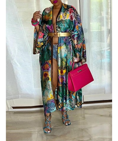 Women's Floral Print Satin Robe Kimono Cardigan Open Front Long Cover Ups Outerwear One Size 01dark-green $15.84 Swimsuits