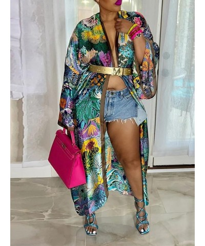 Women's Floral Print Satin Robe Kimono Cardigan Open Front Long Cover Ups Outerwear One Size 01dark-green $15.84 Swimsuits