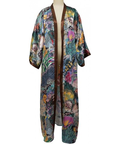 Women's Floral Print Satin Robe Kimono Cardigan Open Front Long Cover Ups Outerwear One Size 01dark-green $15.84 Swimsuits