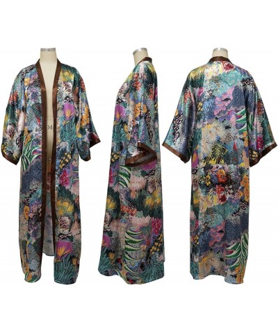 Women's Floral Print Satin Robe Kimono Cardigan Open Front Long Cover Ups Outerwear One Size 01dark-green $15.84 Swimsuits