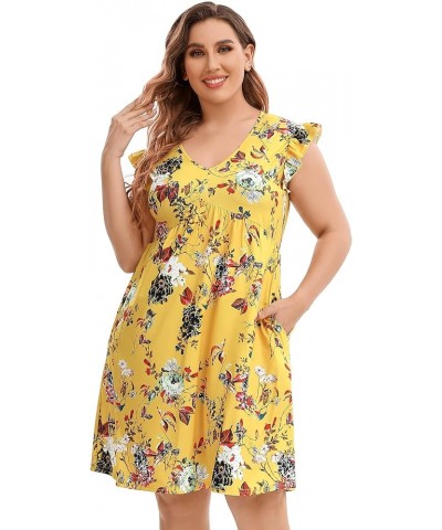 Women Plus Size Summer Casual T Shirt Dress Short Sleeve V Neck Loose Swing Midi Dress with Pockets Yellow Flower $12.00 Dresses