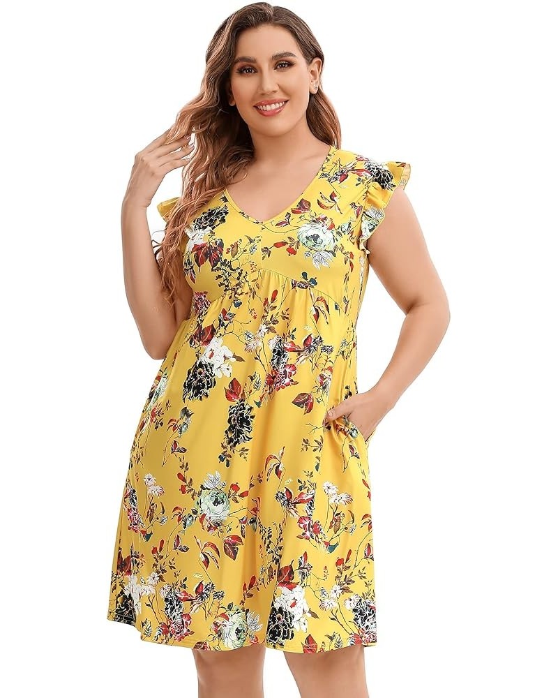 Women Plus Size Summer Casual T Shirt Dress Short Sleeve V Neck Loose Swing Midi Dress with Pockets Yellow Flower $12.00 Dresses