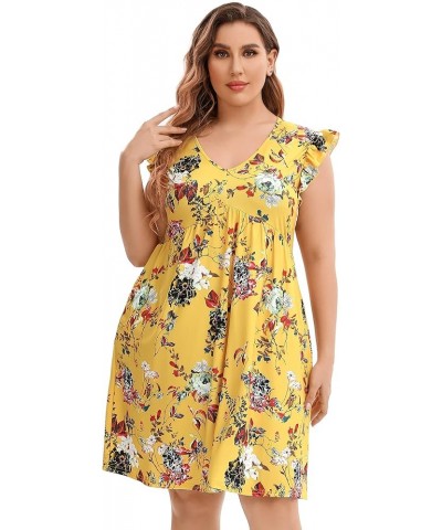 Women Plus Size Summer Casual T Shirt Dress Short Sleeve V Neck Loose Swing Midi Dress with Pockets Yellow Flower $12.00 Dresses