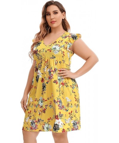 Women Plus Size Summer Casual T Shirt Dress Short Sleeve V Neck Loose Swing Midi Dress with Pockets Yellow Flower $12.00 Dresses