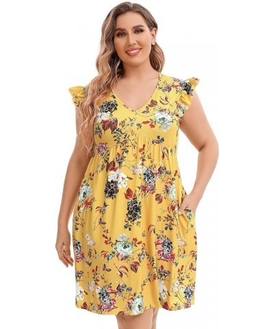 Women Plus Size Summer Casual T Shirt Dress Short Sleeve V Neck Loose Swing Midi Dress with Pockets Yellow Flower $12.00 Dresses