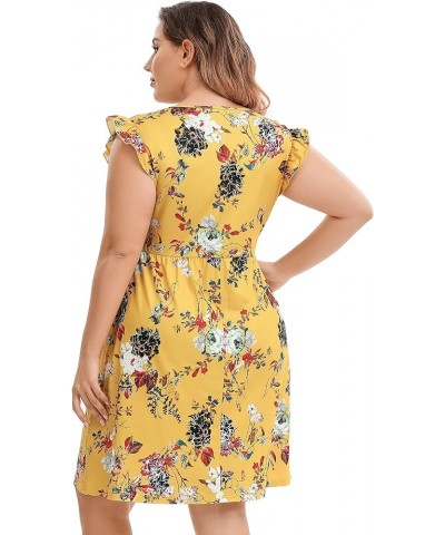 Women Plus Size Summer Casual T Shirt Dress Short Sleeve V Neck Loose Swing Midi Dress with Pockets Yellow Flower $12.00 Dresses