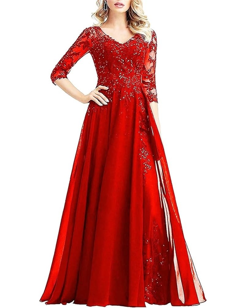 Women's Half Sleeve Appliques Mother of The Bride Dresses Long V Neck Mother of Groom Dresses with Sequins for Mom Red $44.50...