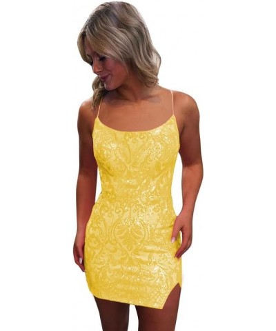 Sequin Lace Tight Homecoming Dresses for Teens Spaghetti Straps V Neck Short Prom Dress Mini Cocktail Gown Yellow-b $23.10 Dr...