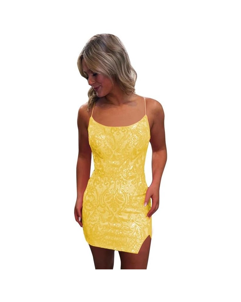 Sequin Lace Tight Homecoming Dresses for Teens Spaghetti Straps V Neck Short Prom Dress Mini Cocktail Gown Yellow-b $23.10 Dr...