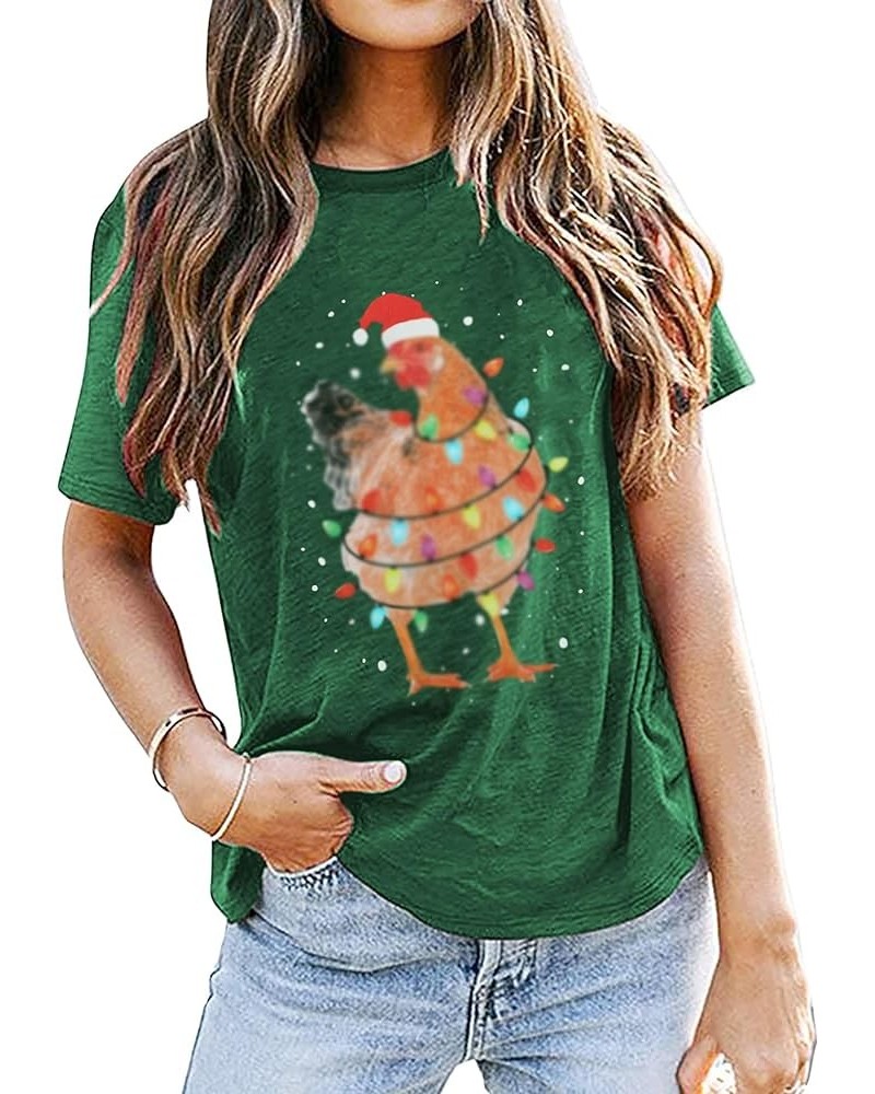 Christmas Chicken Shirt Merry Christmas Lights Chicken Shirt Santa Rooster Shirt Women Chicken Lover Xmas Gift Tee Tops Green...