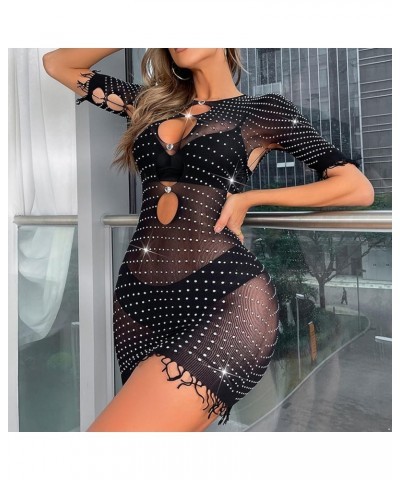 Womens Fishnet Bodycon Dress Mock Neck Long Sleeve Hollow Out Backless Mini Dress Nightwear Black E $7.76 Dresses