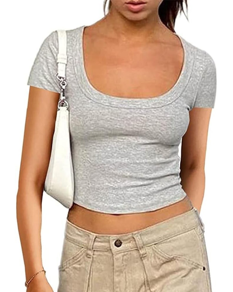 Women Square Neck Crop Top Tee Shirt Ribbed Knit Short Sleeve Workout Yogo Cropped T-Shirt Short Sleeve-grey $10.12 T-Shirts