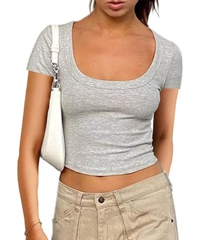 Women Square Neck Crop Top Tee Shirt Ribbed Knit Short Sleeve Workout Yogo Cropped T-Shirt Short Sleeve-grey $10.12 T-Shirts