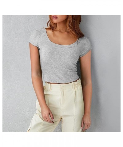 Women Square Neck Crop Top Tee Shirt Ribbed Knit Short Sleeve Workout Yogo Cropped T-Shirt Short Sleeve-grey $10.12 T-Shirts