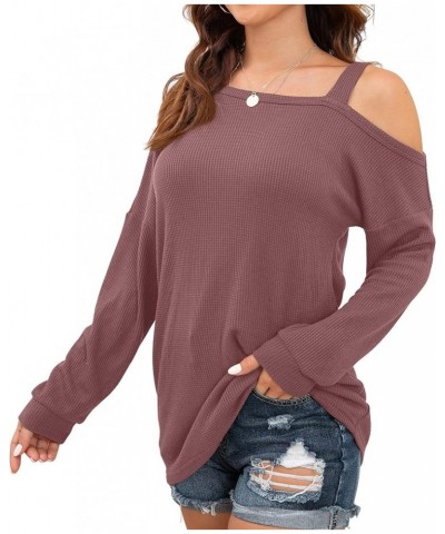 Womens Cold Shoulder Tops Long Sleeve Shirts Blouse Waffle Knit Tunic Casual Tops Loose Fit 03 Rust Red $11.34 Tops