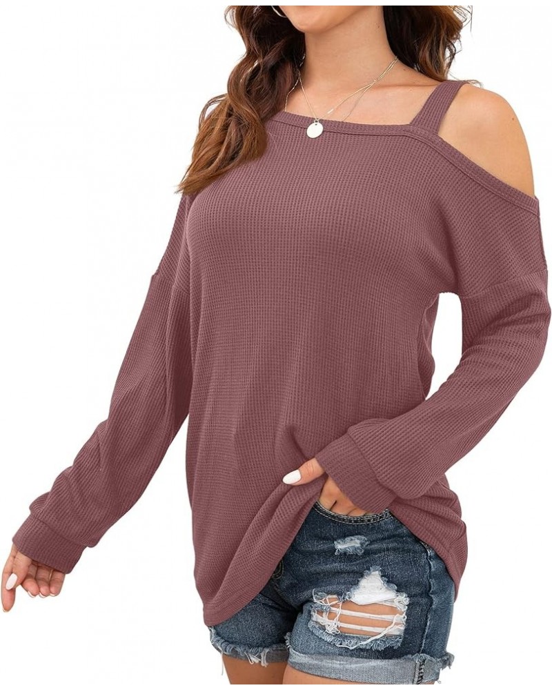 Womens Cold Shoulder Tops Long Sleeve Shirts Blouse Waffle Knit Tunic Casual Tops Loose Fit 03 Rust Red $11.34 Tops