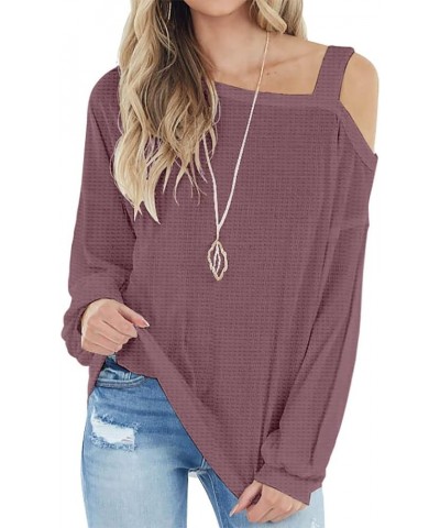 Womens Cold Shoulder Tops Long Sleeve Shirts Blouse Waffle Knit Tunic Casual Tops Loose Fit 03 Rust Red $11.34 Tops